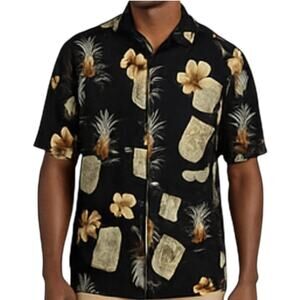 Jamaica Jaxx Silk Camp Shirt Button Down Floral Pineapple 100% Silk Black Medium